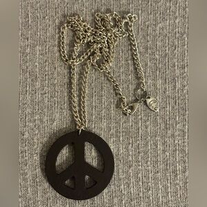 Y2K theme silver tone round brown wooden peace sign pendant chain necklace
